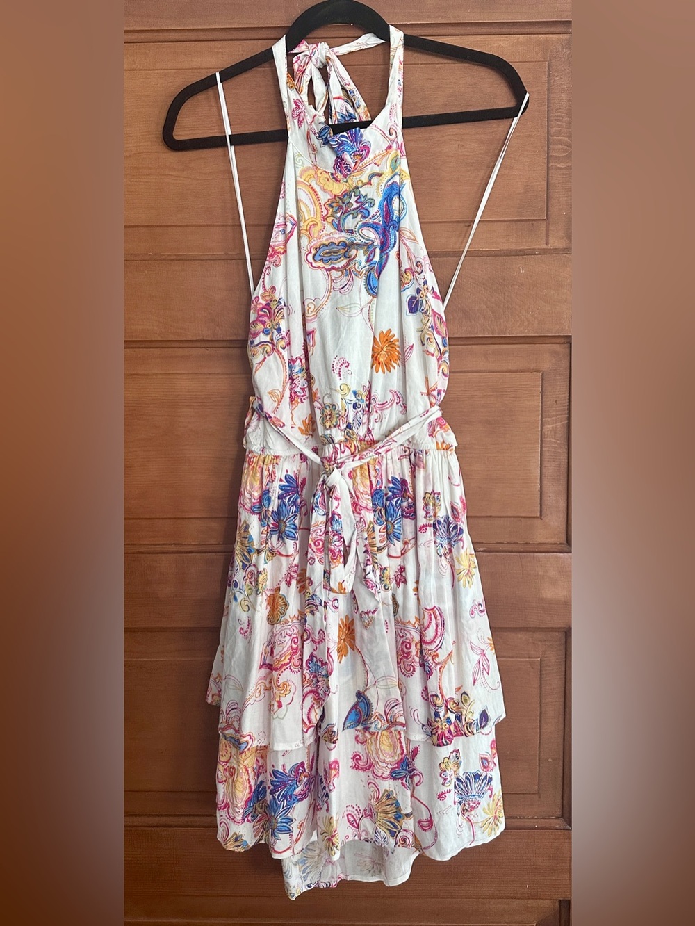 ANDREE BY UNIT White Halter Dress with Pink, Blue & Orange Paisley Print!  NWT M